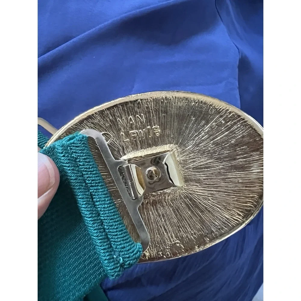 Vintage 80s Stretch wide elastic Belt Enamel Buckle Teal Pink‎ Statement Medium
